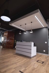 Interior of empty lobby with reception counter in modern office. modern office of a creative design business.